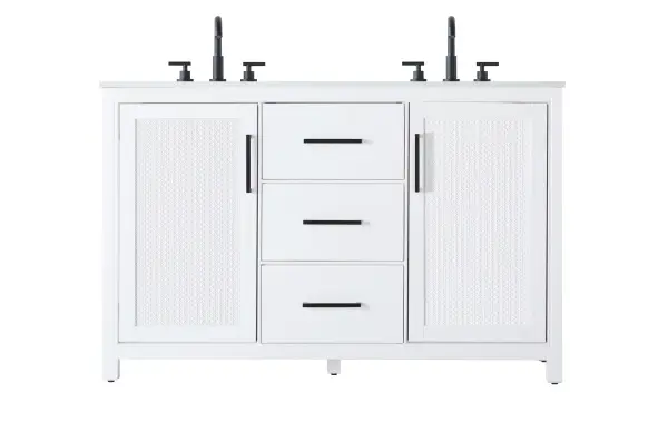 Dimensions
Length: 54"
Width: 21.5"
Height: 34"
Counter Top Length: 54"
Counter Top Width: 21.5"
Counter Top Height: 0.7"
Sink Width: 15.8"
Sink Depth: 10.9"
Sink Height: 6"
Sink Drain Hole Size: 1.77"
Faucet Hole Spacing: 8"3 Holes"
Specifications
Assembly Required: NO
Base Material: Solid wood and MDF
Counter Top Edge Style: Straight
Counter Top Finish: Marble white
Distressed Finish: NO
Drain Assembly Included: NO
Faucet Included: NO
Faucet Type: Widespread
Finish (Color): White
Vanity Material: Solid Wood and MDF
Hardware Finish: Matte Black
Harware Material: Aluminum alloy
Number of Faucet Holes: 6
Number of Sinks: 2
Product Shape: Rectangle
Product Type: Bathroom Vanities
Product Warranty: 1 year limited
Sink Mounting Type: Undermount
Vanity Backsplash: NO
Vanity Mounting Type: Free-Standing
Weight: 214
Wire Included: No
Wood Type: Rubberwood
Shipment type: LTL
US Shipping Cost: $267.00
Drawers
Drawers Included: Yes
Number of Drawers: 3
False Drawers: NO
Drawer Width: 16.54
Drawer Depth: 14
Drawer Height: 8.86
Drawer Handle Designs: Ball pulls
Shelves
Number of Shelves: 2
Shelf Width: 16.8
Cabinets
Number of Cabinets: 2
Cabinet Interior Width: 16.8
Cabinet Interior Depth: 17.6
Cabinet Interior Height: 28