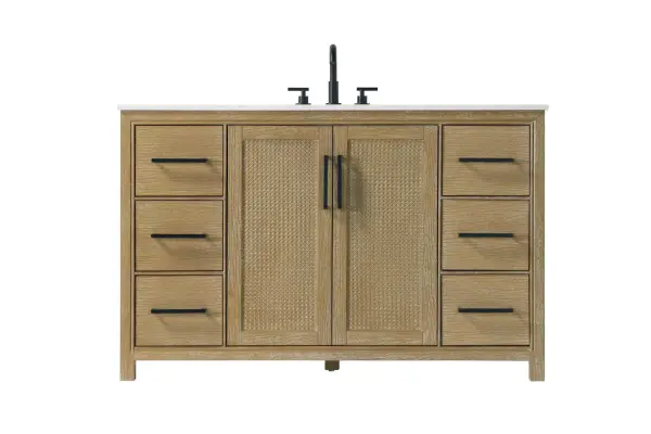 The Alina vanity combines modern functionality with timeless design through its Shaker-style caning panels and warm Linen Oak finish. The engineered marble top and soft-close hardware deliver luxury and practicality.