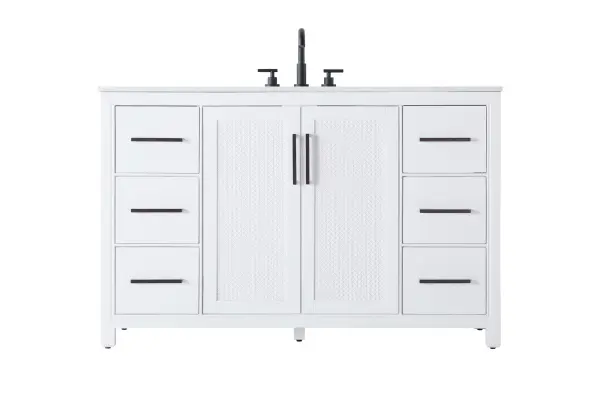 Perfect for those with an eye for detail and quality, this transitional vanity blends modern design with timeless elegance. Available in five stunning finishes, from Crisp White to Linen Oak, the wood grain visuals of the oak options bring warmth and character to any bathroom. The caning design on the Shaker-style door panels adds texture and a touch of refinement, while the soft-closing doors and drawers ensure smooth, quiet functionality. Topped with a white engineered marble countertop, the vanity offers both luxury and practicality, complete with pre-drilled faucet holes for customization. A concealed overflow and U-shaped shelf for plumbing make installation effortless, and the slender black metal pulls provide a sleek contrast. Collection: Alina Rooms: bathroom Finish: White Width: 21.50" Height: 34.00" Length: 54.00" Weight: 236.00 lb Material: Solid wood and MDF Country of Origin: Vietnam Manufacturer Warranty: 1 year limited