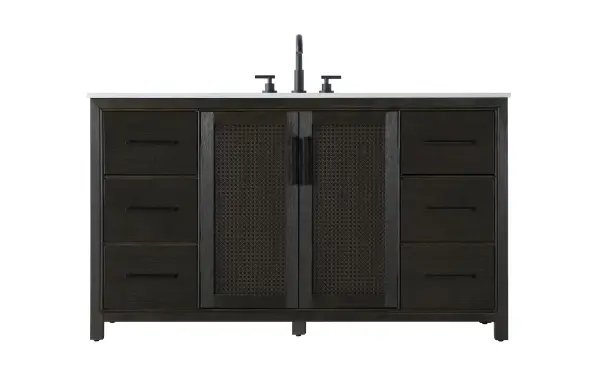 Dimensions
Length: 60"
Width: 21.5"
Height: 34"
Counter Top Length: 60"
Counter Top Width: 21.5"
Counter Top Height: 0.7"
Sink Width: 15.8"
Sink Depth: 10.9"
Sink Height: 6"
Sink Drain Hole Size: 1.77"
Faucet Hole Spacing: 8"3 Holes"
Specifications
Assembly Required: NO
Base Material: Solid wood and MDF
Counter Top Edge Style: Straight
Counter Top Finish: Marble white
Distressed Finish: NO
Drain Assembly Included: NO
Faucet Included: NO
Faucet Type: Widespread
Finish (Color): Chocolate Oak
Vanity Material: Solid Wood and MDF
Hardware Finish: Matte Black
Harware Material: Aluminum alloy
Number of Faucet Holes: 3
Number of Sinks: 1
Product Shape: Rectangle
Product Type: Bathroom Vanities
Product Warranty: 1 year limited
Sink Mounting Type: Undermount
Vanity Backsplash: NO
Vanity Mounting Type: Free-Standing
Weight: 252
Wire Included: No
Wood Type: Rubberwood
Shipment type: LTL
US Shipping Cost: $293.00
Drawers
Drawers Included: Yes
Number of Drawers: 6
False Drawers: NO
Drawer Width: 14.96
Drawer Depth: 14
Drawer Height: 8.86
Drawer Handle Designs: Ball pulls
Shelves
Number of Shelves: 1
Shelf Width: 24.1
Cabinets
Number of Cabinets: 1
Cabinet Interior Width: 24.1
Cabinet Interior Depth: 17.6
Cabinet Interior Height: 28