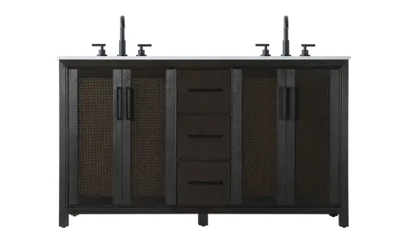 This transitional vanity excels in combining quality craftsmanship with practical functionality. The Chocolate Oak finish with caning details adds warmth and texture, while soft-close hardware and engineered marble top deliver luxury.