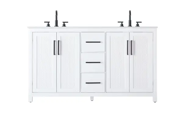 Dimensions
Length: 60"
Width: 21.5"
Height: 34"
Counter Top Length: 60"
Counter Top Width: 21.5"
Counter Top Height: 0.7"
Sink Width: 15.8"
Sink Depth: 10.9"
Sink Height: 6"
Sink Drain Hole Size: 1.77"
Faucet Hole Spacing: 8"3 Holes"
Specifications
Assembly Required: NO
Base Material: Solid wood and MDF
Counter Top Edge Style: Straight
Counter Top Finish: Marble white
Distressed Finish: NO
Drain Assembly Included: NO
Faucet Included: NO
Faucet Type: Widespread
Finish (Color): White
Vanity Material: Solid Wood and MDF
Hardware Finish: Matte Black
Harware Material: Aluminum alloy
Number of Faucet Holes: 6
Number of Sinks: 2
Product Shape: Rectangle
Product Type: Bathroom Vanities
Product Warranty: 1 year limited
Sink Mounting Type: Undermount
Vanity Backsplash: NO
Vanity Mounting Type: Free-Standing
Weight: 233
Wire Included: No
Wood Type: Rubberwood
Shipment type: LTL
US Shipping Cost: $293.00
Drawers
Drawers Included: Yes
Number of Drawers: 3
False Drawers: NO
Drawer Width: 11.02
Drawer Depth: 14
Drawer Height: 8.86
Drawer Handle Designs: Ball pulls
Shelves
Number of Shelves: 2
Shelf Width: 21.6
Cabinets
Number of Cabinets: 2
Cabinet Interior Width: 21.6
Cabinet Interior Depth: 17.6
Cabinet Interior Height: 28