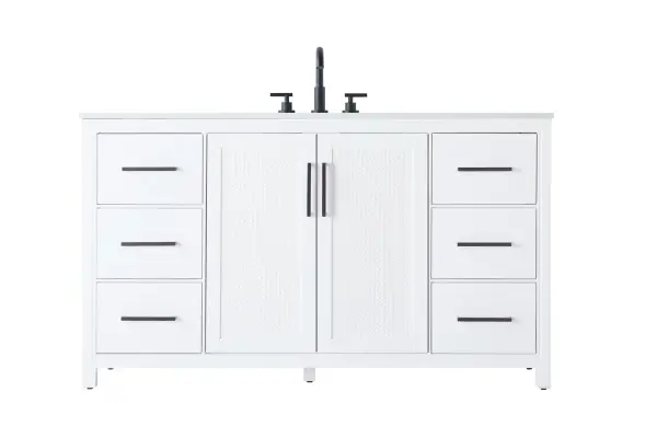 Perfect for those with an eye for detail and quality, this transitional vanity blends modern design with timeless elegance. Available in five stunning finishes, from Crisp White to Linen Oak, the wood grain visuals of the oak options bring warmth and character to any bathroom. The caning design on the Shaker-style door panels adds texture and a touch of refinement, while the soft-closing doors and drawers ensure smooth, quiet functionality. Topped with a white engineered marble countertop, the vanity offers both luxury and practicality, complete with pre-drilled faucet holes for customization. A concealed overflow and U-shaped shelf for plumbing make installation effortless, and the slender black metal pulls provide a sleek contrast. Collection: Alina Rooms: bathroom Finish: White Width: 21.50" Height: 34.00" Length: 60.00" Weight: 255.00 lb Material: Solid wood and MDF Country of Origin: Vietnam Manufacturer Warranty: 1 year limited