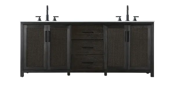 Dimensions
Length: 84"
Width: 21.5"
Height: 34"
Counter Top Length: 84"
Counter Top Width: 21.5"
Counter Top Height: 0.7"
Sink Width: 15.8"
Sink Depth: 10.9"
Sink Height: 6"
Sink Drain Hole Size: 1.77"
Faucet Hole Spacing: 8"3 Holes"
Specifications
Assembly Required: NO
Base Material: Solid wood and MDF
Counter Top Edge Style: Straight
Counter Top Finish: Marble white
Distressed Finish: NO
Drain Assembly Included: NO
Faucet Included: NO
Faucet Type: Widespread
Finish (Color): Chocolate Oak
Vanity Material: Solid Wood and MDF
Hardware Finish: Matte Black
Harware Material: Aluminum alloy
Number of Faucet Holes: 6
Number of Sinks: 2
Product Shape: Rectangle
Product Type: Bathroom Vanities
Product Warranty: 1 year limited
Sink Mounting Type: Undermount
Vanity Backsplash: NO
Vanity Mounting Type: Free-Standing
Weight: 296
Wire Included: No
Wood Type: Rubberwood
Shipment type: LTL
US Shipping Cost: $144.00
Drawers
Drawers Included: Yes
Number of Drawers: 3
False Drawers: NO
Drawer Width: 20.47
Drawer Depth: 14
Drawer Height: 8.86
Drawer Handle Designs: Ball pulls
Shelves
Number of Shelves: 2
Shelf Width: 29.1
Cabinets
Number of Cabinets: 2
Cabinet Interior Width: 29.1
Cabinet Interior Depth: 17.6
Cabinet Interior Height: 28