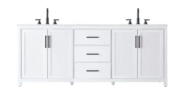Dimensions
Length: 84"
Width: 21.5"
Height: 34"
Counter Top Length: 84"
Counter Top Width: 21.5"
Counter Top Height: 0.7"
Sink Width: 15.8"
Sink Depth: 10.9"
Sink Height: 6"
Sink Drain Hole Size: 1.77"
Faucet Hole Spacing: 8"3 Holes"
Specifications
Assembly Required: NO
Base Material: Solid wood and MDF
Counter Top Edge Style: Straight
Counter Top Finish: Marble white
Distressed Finish: NO
Drain Assembly Included: NO
Faucet Included: NO
Faucet Type: Widespread
Finish (Color): White
Vanity Material: Solid Wood and MDF
Hardware Finish: Matte Black
Harware Material: Aluminum alloy
Number of Faucet Holes: 6
Number of Sinks: 2
Product Shape: Rectangle
Product Type: Bathroom Vanities
Product Warranty: 1 year limited
Sink Mounting Type: Undermount
Vanity Backsplash: NO
Vanity Mounting Type: Free-Standing
Weight: 300
Wire Included: No
Wood Type: Rubberwood
Shipment type: LTL
US Shipping Cost: $144.00
Drawers
Drawers Included: Yes
Number of Drawers: 3
False Drawers: NO
Drawer Width: 20.47
Drawer Depth: 14
Drawer Height: 8.86
Drawer Handle Designs: Ball pulls
Shelves
Number of Shelves: 2
Shelf Width: 29.1
Cabinets
Number of Cabinets: 2
Cabinet Interior Width: 29.1
Cabinet Interior Depth: 17.6
Cabinet Interior Height: 28