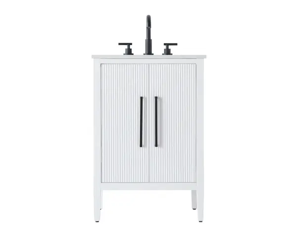 The Blakely vanity combines traditional fluted detailing with modern functionality in a space-efficient 24-inch footprint. The engineered marble countertop and soft-close doors deliver luxury touches at an accessible price point.