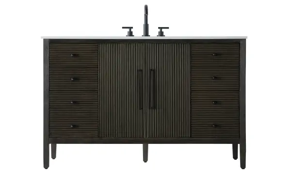 Dimensions
Length: 54"
Width: 21.5"
Height: 34"
Counter Top Length: 54"
Counter Top Width: 21.5"
Counter Top Height: 0.7"
Sink Width: 15.8"
Sink Depth: 10.9"
Sink Height: 6"
Sink Drain Hole Size: 1.77"
Faucet Hole Spacing: 8"3 Holes"
Specifications
Assembly Required: NO
Base Material: Solid wood and MDF
Counter Top Edge Style: Straight
Counter Top Finish: Marble white
Distressed Finish: NO
Drain Assembly Included: NO
Faucet Included: NO
Faucet Type: Widespread
Finish (Color): Chocolate Oak
Vanity Material: Solid Wood and MDF
Hardware Finish: Matte Black
Harware Material: Aluminum alloy
Number of Faucet Holes: 3
Number of Sinks: 1
Product Shape: Rectangle
Product Type: Bathroom Vanities
Product Warranty: 1 year limited
Sink Mounting Type: Undermount
Vanity Backsplash: NO
Vanity Mounting Type: Free-Standing
Weight: 217
Wire Included: No
Wood Type: Rubberwood
Shipment type: LTL
US Shipping Cost: $261.00
Drawers
Drawers Included: Yes
Number of Drawers: 6
False Drawers: NO
Drawer Width: DW1:12.6
DW2:12.6
Drawer Depth: DW1:14
DW1:14
Drawer Height: DW1:6.1
DW2:12.34
Drawer Handle Designs: Knobs
Shelves
Number of Shelves: 1
Shelf Width: 24.6
Cabinets
Number of Cabinets: 1
Cabinet Interior Width: 24.6
Cabinet Interior Depth: 18
Cabinet Interior Height: 26