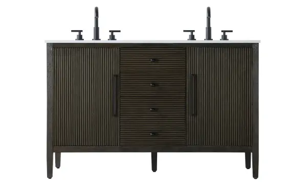 Designed with transitional elegance in mind, this bathroom vanity seamlessly blends traditional elements with modern functionality. Available in five stunning finishes, from the clean sophistication of Crisp White to the natural warmth of Honey Oak, the fluted door and drawer panels add subtle texture and charm. The white engineered marble countertop with natural veining exudes luxury, while the soft-closing doors and drawers with sleek black metal pulls offer a quiet, refined experience. Practicality is never compromised, with features like the U-shaped shelf for plumbing, deeper bottom drawer for ample storage, and pre-drilled faucet holes for easy customization. Whether your style leans modern or classic, this vanity is the perfect balance of beauty and function, appealing to customers with a taste for quality and style. Collection: Blakely Rooms: bathroom Finish: Chocolate Oak Width: 21.50" Height: 34.00" Length: 54.00" Weight: 199.00 lb Material: Solid wood and MDF Country of Origin: Vietnam Manufacturer Warranty: 1 year limited