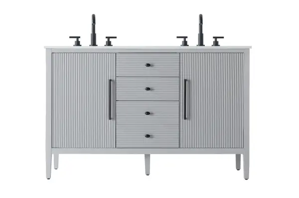 Dimensions
Length: 54"
Width: 21.5"
Height: 34"
Counter Top Length: 54"
Counter Top Width: 21.5"
Counter Top Height: 0.7"
Sink Width: 15.8"
Sink Depth: 10.9"
Sink Height: 6"
Sink Drain Hole Size: 1.77"
Faucet Hole Spacing: 8"3 Holes"
Specifications
Assembly Required: NO
Base Material: Solid wood and MDF
Counter Top Edge Style: Straight
Counter Top Finish: Marble white
Distressed Finish: NO
Drain Assembly Included: NO
Faucet Included: NO
Faucet Type: Widespread
Finish (Color): Grey
Vanity Material: Solid Wood and MDF
Hardware Finish: Matte Black
Harware Material: Aluminum alloy
Number of Faucet Holes: 6
Number of Sinks: 2
Product Shape: Rectangle
Product Type: Bathroom Vanities
Product Warranty: 1 year limited
Sink Mounting Type: Undermount
Vanity Backsplash: NO
Vanity Mounting Type: Free-Standing
Weight: 202
Wire Included: No
Wood Type: Rubberwood
Shipment type: LTL
US Shipping Cost: $261.00
Drawers
Drawers Included: Yes
Number of Drawers: 3
False Drawers: NO
Drawer Width: DW1:16.54
DW2:16.54
Drawer Depth: DW1:14
DW1:14
Drawer Height: DW1:6.1
DW2:12.34
Drawer Handle Designs: Knobs
Shelves
Number of Shelves: 2
Shelf Width: 16.8
Cabinets
Number of Cabinets: 2
Cabinet Interior Width: 16.8
Cabinet Interior Depth: 18
Cabinet Interior Height: 26