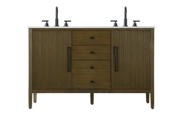 Designed with transitional elegance in mind, this bathroom vanity seamlessly blends traditional elements with modern functionality. Available in five stunning finishes, from the clean sophistication of Crisp White to the natural warmth of Honey Oak, the fluted door and drawer panels add subtle texture and charm. The white engineered marble countertop with natural veining exudes luxury, while the soft-closing doors and drawers with sleek black metal pulls offer a quiet, refined experience. Practicality is never compromised, with features like the U-shaped shelf for plumbing, deeper bottom drawer for ample storage, and pre-drilled faucet holes for easy customization. Whether your style leans modern or classic, this vanity is the perfect balance of beauty and function, appealing to customers with a taste for quality and style. Collection: Blakely Rooms: bathroom Finish: Hazel Oak Width: 21.50" Height: 34.00" Length: 54.00" Weight: 199.00 lb Material: Solid wood and MDF Country of Origin: Vietnam Manufacturer Warranty: 1 year limited