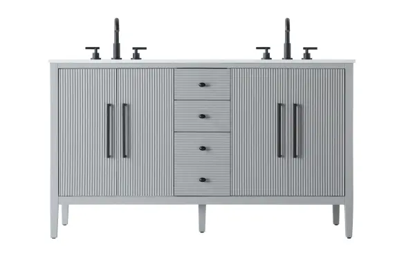 Dimensions
Length: 60"
Width: 21.5"
Height: 34"
Counter Top Length: 60"
Counter Top Width: 21.5"
Counter Top Height: 0.7"
Sink Width: 15.8"
Sink Depth: 10.9"
Sink Height: 6"
Sink Drain Hole Size: 1.77"
Faucet Hole Spacing: 8"3 Holes"
Specifications
Assembly Required: NO
Base Material: Solid wood and MDF
Counter Top Edge Style: Straight
Counter Top Finish: Marble white
Distressed Finish: NO
Drain Assembly Included: NO
Faucet Included: NO
Faucet Type: Widespread
Finish (Color): Grey
Vanity Material: Solid Wood and MDF
Hardware Finish: Matte Black
Harware Material: Aluminum alloy
Number of Faucet Holes: 6
Number of Sinks: 2
Product Shape: Rectangle
Product Type: Bathroom Vanities
Product Warranty: 1 year limited
Sink Mounting Type: Undermount
Vanity Backsplash: NO
Vanity Mounting Type: Free-Standing
Weight: 216
Wire Included: No
Wood Type: Rubberwood
Shipment type: LTL
US Shipping Cost: $286.00
Drawers
Drawers Included: Yes
Number of Drawers: 3
False Drawers: NO
Drawer Width: DW1:11.02
DW2:11.02
Drawer Depth: DW1:14
DW1:14
Drawer Height: DW1:6.1
DW2:12.34
Drawer Handle Designs: Knobs
Shelves
Number of Shelves: 2
Shelf Width: 22.5
Cabinets
Number of Cabinets: 2
Cabinet Interior Width: 22.5
Cabinet Interior Depth: 18
Cabinet Interior Height: 26