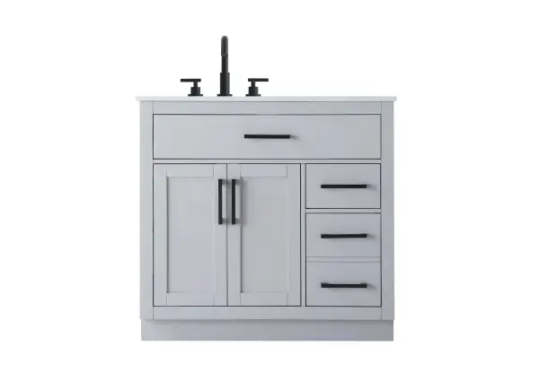 Dimensions
Length: 36"
Width: 22"
Height: 35"
Counter Top Length: 36"
Counter Top Width: 22"
Counter Top Height: 0.75"
Sink Width: 17.25"
Sink Depth: 11.5"
Sink Height: 7"
Sink Drain Hole Size: 1.75"
Faucet Hole Spacing: 8"3 Holes"
Specifications
Assembly Required: No
Base Material: Solid wood and MDF
Counter Top Edge Style: straight
Counter Top Finish: marble white
Distressed Finish: No
Drain Assembly Included: No
Faucet Included: No
Faucet Type: Widespread
Finish (Color): Grey
Vanity Material: Solid Wood and MDF
Hardware Finish: black
Harware Material: Aluminum alloy
Number of Faucet Holes: 3
Number of Sinks: 1
Product Shape: Rectangle
Product Type: Bathroom Vanities
Product Warranty: 1 year limited
Sink Mounting Type: Undermount
Vanity Backsplash: NO
Vanity Mounting Type: Free-Standing
154
Wire Included: No
Wood Type: Rubber wood
Shipment type: LTL
US Shipping Cost: $169.00
Drawers
Drawers Included: yes
Number of Drawers: 3
False Drawers: no
Drawer Width: dw1:31 dw2:10 dw3:10
Drawer Depth: dw1:4.5 dw2:15 dw3:15
Drawer Height: dw1:6 dw2:6 dw3:13
Drawer Handle Designs: Bar pulls
Shelves
Number of Shelves: 1
Shelf Width: 20
Cabinets
Number of Cabinets: 1
Cabinet Interior Width: 20
Cabinet Interior Depth: 17
Cabinet Interior Height: 20