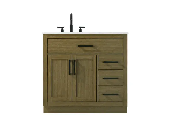 Dimensions
Length: 36"
Width: 22"
Height: 35"
Counter Top Length: 36"
Counter Top Width: 22"
Counter Top Height: 0.75"
Sink Width: 17.25"
Sink Depth: 11.5"
Sink Height: 7"
Sink Drain Hole Size: 1.75"
Faucet Hole Spacing: 8"3 Holes"
Specifications
Assembly Required: No
Base Material: Solid wood and MDF
Counter Top Edge Style: straight
Counter Top Finish: marble white
Distressed Finish: No
Drain Assembly Included: No
Faucet Included: No
Faucet Type: Widespread
Finish (Color): Chestnut Brown
Vanity Material: Solid Wood and MDF
Hardware Finish: black
Harware Material: Aluminum alloy
Number of Faucet Holes: 3
Number of Sinks: 1
Product Shape: Rectangle
Product Type: Bathroom Vanities
Product Warranty: 1 year limited
Sink Mounting Type: Undermount
Vanity Backsplash: NO
Vanity Mounting Type: Free-Standing
154
Wire Included: No
Wood Type: Rubber wood
Shipment type: LTL
US Shipping Cost: $169.00
Drawers
Drawers Included: yes
Number of Drawers: 3
False Drawers: no
Drawer Width: dw1:31 dw2:10 dw3:10
Drawer Depth: dw1:4.5 dw2:15 dw3:15
Drawer Height: dw1:6 dw2:6 dw3:13
Drawer Handle Designs: Bar pulls
Shelves
Number of Shelves: 1
Shelf Width: 20
Cabinets
Number of Cabinets: 1
Cabinet Interior Width: 20
Cabinet Interior Depth: 17
Cabinet Interior Height: 20
