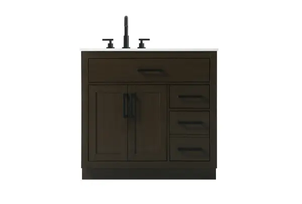 Dimensions
Length: 36"
Width: 22"
Height: 35"
Counter Top Length: 36"
Counter Top Width: 22"
Counter Top Height: 0.75"
Sink Width: 17.25"
Sink Depth: 11.5"
Sink Height: 7"
Sink Drain Hole Size: 1.75"
Faucet Hole Spacing: 8"3 Holes"
Specifications
Assembly Required: No
Base Material: Solid wood and MDF
Counter Top Edge Style: straight
Counter Top Finish: marble white
Distressed Finish: No
Drain Assembly Included: No
Faucet Included: No
Faucet Type: Widespread
Finish (Color): Mocha Brown
Vanity Material: Solid Wood and MDF
Hardware Finish: black
Harware Material: Aluminum alloy
Number of Faucet Holes: 3
Number of Sinks: 1
Product Shape: Rectangle
Product Type: Bathroom Vanities
Product Warranty: 1 year limited
Sink Mounting Type: Undermount
Vanity Backsplash: NO
Vanity Mounting Type: Free-Standing
154
Wire Included: No
Wood Type: Rubber wood
Shipment type: LTL
US Shipping Cost: $169.00
Drawers
Drawers Included: yes
Number of Drawers: 3
False Drawers: no
Drawer Width: dw1:31 dw2:10 dw3:10
Drawer Depth: dw1:4.5 dw2:15 dw3:15
Drawer Height: dw1:6 dw2:6 dw3:13
Drawer Handle Designs: Bar pulls
Shelves
Number of Shelves: 1
Shelf Width: 20
Cabinets
Number of Cabinets: 1
Cabinet Interior Width: 20
Cabinet Interior Depth: 17
Cabinet Interior Height: 20
