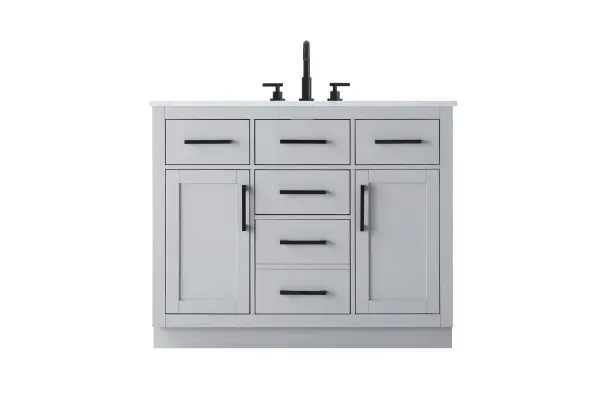Dimensions
Length: 42"
Width: 22"
Height: 35"
Counter Top Length: 42"
Counter Top Width: 22"
Counter Top Height: 0.75"
Sink Width: 17.25"
Sink Depth: 11.5"
Sink Height: 7"
Sink Drain Hole Size: 1.75"
Faucet Hole Spacing: 8"3 Holes"
Specifications
Assembly Required: No
Base Material: Solid wood and MDF
Counter Top Edge Style: straight
Counter Top Finish: marble white
Distressed Finish: No
Drain Assembly Included: No
Faucet Included: No
Faucet Type: Widespread
Finish (Color): Grey
Vanity Material: Solid Wood and MDF
Hardware Finish: black
Harware Material: Aluminum alloy
Number of Faucet Holes: 3
Number of Sinks: 1
Product Shape: Rectangle
Product Type: Bathroom Vanities
Product Warranty: 1 year limited
Sink Mounting Type: Undermount
Vanity Backsplash: NO
Vanity Mounting Type: Free-Standing
247
Wire Included: No
Wood Type: Rubber wood
Shipment type: LTL
US Shipping Cost: $194.00
Drawers
Drawers Included: yes
Number of Drawers: 5
False Drawers: no
Drawer Width: dw1:11.75 dw2:11.75 dw3:11.75 dw4:11.75
Drawer Depth: dw1:15 dw2:4.5 dw3:15 dw4:15
Drawer Height: dw1:6 dw2:6 dw3:6 dw4:13
Drawer Handle Designs: Bar pulls
Shelves
Number of Shelves: 2
Shelf Width: 11.75
Cabinets
Number of Cabinets: 2
Cabinet Interior Width: 11.75
Cabinet Interior Depth: 17
Cabinet Interior Height: 20