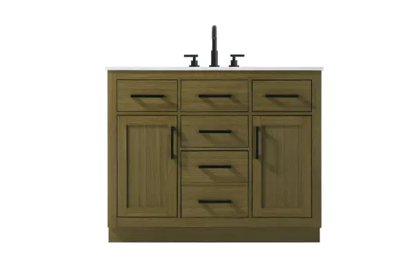 Dimensions
Length: 42"
Width: 22"
Height: 35"
Counter Top Length: 42"
Counter Top Width: 22"
Counter Top Height: 0.75"
Sink Width: 17.25"
Sink Depth: 11.5"
Sink Height: 7"
Sink Drain Hole Size: 1.75"
Faucet Hole Spacing: 8"3 Holes"
Specifications
Assembly Required: No
Base Material: Solid wood and MDF
Counter Top Edge Style: straight
Counter Top Finish: marble white
Distressed Finish: No
Drain Assembly Included: No
Faucet Included: No
Faucet Type: Widespread
Finish (Color): Chestnut Brown
Vanity Material: Solid Wood and MDF
Hardware Finish: black
Harware Material: Aluminum alloy
Number of Faucet Holes: 3
Number of Sinks: 1
Product Shape: Rectangle
Product Type: Bathroom Vanities
Product Warranty: 1 year limited
Sink Mounting Type: Undermount
Vanity Backsplash: NO
Vanity Mounting Type: Free-Standing
247
Wire Included: No
Wood Type: Rubber wood
Shipment type: LTL
US Shipping Cost: $194.00
Drawers
Drawers Included: yes
Number of Drawers: 5
False Drawers: no
Drawer Width: dw1:11.75 dw2:11.75 dw3:11.75 dw4:11.75
Drawer Depth: dw1:15 dw2:4.5 dw3:15 dw4:15
Drawer Height: dw1:6 dw2:6 dw3:6 dw4:13
Drawer Handle Designs: Bar pulls
Shelves
Number of Shelves: 2
Shelf Width: 11.75
Cabinets
Number of Cabinets: 2
Cabinet Interior Width: 11.75
Cabinet Interior Depth: 17
Cabinet Interior Height: 20
