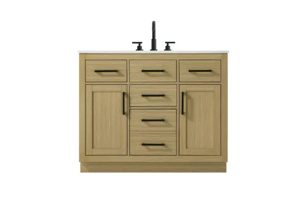 Dimensions
Length: 42"
Width: 22"
Height: 35"
Counter Top Length: 42"
Counter Top Width: 22"
Counter Top Height: 0.75"
Sink Width: 17.25"
Sink Depth: 11.5"
Sink Height: 7"
Sink Drain Hole Size: 1.75"
Faucet Hole Spacing: 8"3 Holes"
Specifications
Assembly Required: No
Base Material: Solid wood and MDF
Counter Top Edge Style: straight
Counter Top Finish: marble white
Distressed Finish: No
Drain Assembly Included: No
Faucet Included: No
Faucet Type: Widespread
Finish (Color): Honey Brown
Vanity Material: Solid Wood and MDF
Hardware Finish: black
Harware Material: Aluminum alloy
Number of Faucet Holes: 3
Number of Sinks: 1
Product Shape: Rectangle
Product Type: Bathroom Vanities
Product Warranty: 1 year limited
Sink Mounting Type: Undermount
Vanity Backsplash: NO
Vanity Mounting Type: Free-Standing
247
Wire Included: No
Wood Type: Rubber wood
Shipment type: LTL
US Shipping Cost: $194.00
Drawers
Drawers Included: yes
Number of Drawers: 5
False Drawers: no
Drawer Width: dw1:11.75 dw2:11.75 dw3:11.75 dw4:11.75
Drawer Depth: dw1:15 dw2:4.5 dw3:15 dw4:15
Drawer Height: dw1:6 dw2:6 dw3:6 dw4:13
Drawer Handle Designs: Bar pulls
Shelves
Number of Shelves: 2
Shelf Width: 11.75
Cabinets
Number of Cabinets: 2
Cabinet Interior Width: 11.75
Cabinet Interior Depth: 17
Cabinet Interior Height: 20