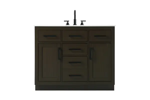 Dimensions
Length: 42"
Width: 22"
Height: 35"
Counter Top Length: 42"
Counter Top Width: 22"
Counter Top Height: 0.75"
Sink Width: 17.25"
Sink Depth: 11.5"
Sink Height: 7"
Sink Drain Hole Size: 1.75"
Faucet Hole Spacing: 8"3 Holes"
Specifications
Assembly Required: No
Base Material: Solid wood and MDF
Counter Top Edge Style: straight
Counter Top Finish: marble white
Distressed Finish: No
Drain Assembly Included: No
Faucet Included: No
Faucet Type: Widespread
Finish (Color): Mocha Brown
Vanity Material: Solid Wood and MDF
Hardware Finish: black
Harware Material: Aluminum alloy
Number of Faucet Holes: 3
Number of Sinks: 1
Product Shape: Rectangle
Product Type: Bathroom Vanities
Product Warranty: 1 year limited
Sink Mounting Type: Undermount
Vanity Backsplash: NO
Vanity Mounting Type: Free-Standing
247
Wire Included: No
Wood Type: Rubber wood
Shipment type: LTL
US Shipping Cost: $194.00
Drawers
Drawers Included: yes
Number of Drawers: 5
False Drawers: no
Drawer Width: dw1:11.75 dw2:11.75 dw3:11.75 dw4:11.75
Drawer Depth: dw1:15 dw2:4.5 dw3:15 dw4:15
Drawer Height: dw1:6 dw2:6 dw3:6 dw4:13
Drawer Handle Designs: Bar pulls
Shelves
Number of Shelves: 2
Shelf Width: 11.75
Cabinets
Number of Cabinets: 2
Cabinet Interior Width: 11.75
Cabinet Interior Depth: 17
Cabinet Interior Height: 20