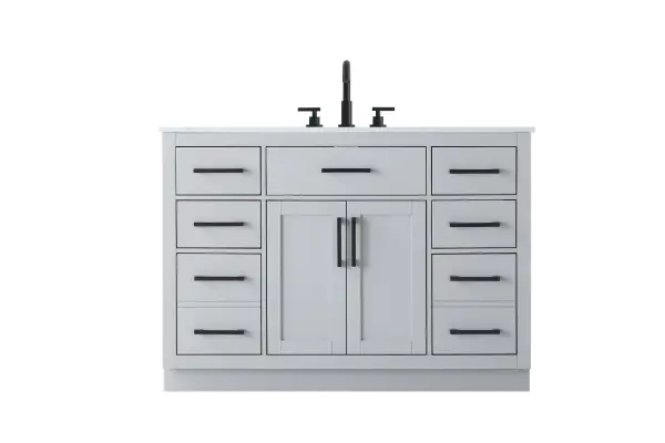 Dimensions
Length: 48"
Width: 22"
Height: 35"
Counter Top Length: 48"
Counter Top Width: 22"
Counter Top Height: 0.75"
Sink Width: 17.25"
Sink Depth: 11.5"
Sink Height: 7"
Sink Drain Hole Size: 1.75"
Faucet Hole Spacing: 8"3 Holes"
Specifications
Assembly Required: No
Base Material: Solid wood and MDF
Counter Top Edge Style: straight
Counter Top Finish: marble white
Distressed Finish: No
Drain Assembly Included: No
Faucet Included: No
Faucet Type: Widespread
Finish (Color): Grey
Vanity Material: Solid Wood and MDF
Hardware Finish: black
Harware Material: Aluminum alloy
Number of Faucet Holes: 3
Number of Sinks: 1
Product Shape: Rectangle
Product Type: Bathroom Vanities
Product Warranty: 1 year limited
Sink Mounting Type: Undermount
Vanity Backsplash: NO
Vanity Mounting Type: Free-Standing
293
Wire Included: No
Wood Type: Rubber wood
Shipment type: LTL
US Shipping Cost: $218.00
Drawers
Drawers Included: yes
Number of Drawers: 7
False Drawers: no
Drawer Width: dw1:9.75 dw2:22 dw3:9.75 dw4:9.75
Drawer Depth: dw1:15 dw2:4.5 dw3:15 dw4:15
Drawer Height: dw1:6 dw2:6 dw3:6 dw4:13
Drawer Handle Designs: Bar pulls
Shelves
Number of Shelves: 1
Shelf Width: 22
Cabinets
Number of Cabinets: 1
Cabinet Interior Width: 22
Cabinet Interior Depth: 17
Cabinet Interior Height: 20