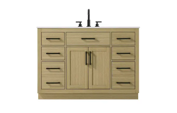 Dimensions
Length: 48"
Width: 22"
Height: 35"
Counter Top Length: 48"
Counter Top Width: 22"
Counter Top Height: 0.75"
Sink Width: 17.25"
Sink Depth: 11.5"
Sink Height: 7"
Sink Drain Hole Size: 1.75"
Faucet Hole Spacing: 8"3 Holes"
Specifications
Assembly Required: No
Base Material: Solid wood and MDF
Counter Top Edge Style: straight
Counter Top Finish: marble white
Distressed Finish: No
Drain Assembly Included: No
Faucet Included: No
Faucet Type: Widespread
Finish (Color): Honey Brown
Vanity Material: Solid Wood and MDF
Hardware Finish: black
Harware Material: Aluminum alloy
Number of Faucet Holes: 3
Number of Sinks: 1
Product Shape: Rectangle
Product Type: Bathroom Vanities
Product Warranty: 1 year limited
Sink Mounting Type: Undermount
Vanity Backsplash: NO
Vanity Mounting Type: Free-Standing
293
Wire Included: No
Wood Type: Rubber wood
Shipment type: LTL
US Shipping Cost: $218.00
Drawers
Drawers Included: yes
Number of Drawers: 7
False Drawers: no
Drawer Width: dw1:9.75 dw2:22 dw3:9.75 dw4:9.75
Drawer Depth: dw1:15 dw2:4.5 dw3:15 dw4:15
Drawer Height: dw1:6 dw2:6 dw3:6 dw4:13
Drawer Handle Designs: Bar pulls
Shelves
Number of Shelves: 1
Shelf Width: 22
Cabinets
Number of Cabinets: 1
Cabinet Interior Width: 22
Cabinet Interior Depth: 17
Cabinet Interior Height: 20