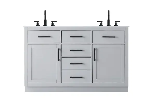 Dimensions
Length: 54"
Width: 22"
Height: 35"
Counter Top Length: 54"
Counter Top Width: 22"
Counter Top Height: 0.75"
Sink Width: 17.25"
Sink Depth: 11.5"
Sink Height: 7"
Sink Drain Hole Size: 1.75"
Faucet Hole Spacing: 8"3 Holes"
Specifications
Assembly Required: No
Base Material: Solid wood and MDF
Counter Top Edge Style: straight
Counter Top Finish: marble white
Distressed Finish: No
Drain Assembly Included: No
Faucet Included: No
Faucet Type: Widespread
Finish (Color): Grey
Vanity Material: Solid Wood and MDF
Hardware Finish: black
Harware Material: Aluminum alloy
Number of Faucet Holes: 6
Number of Sinks: 2
Product Shape: Rectangle
Product Type: Bathroom Vanities
Product Warranty: 1 year limited
Sink Mounting Type: Undermount
Vanity Backsplash: NO
Vanity Mounting Type: Free-Standing
281
Wire Included: No
Wood Type: Rubber wood
Shipment type: LTL
US Shipping Cost: $243.00
Drawers
Drawers Included: yes
Number of Drawers: 5
False Drawers: no
Drawer Width: dw1:12.75 dw2:12.75 dw3:12.75 dw4:12.75
Drawer Depth: dw1:15 dw2:4.5 dw3:15 dw4:15
Drawer Height: dw1:6 dw2:6 dw3:6 dw4:13
Drawer Handle Designs: Bar pulls
Shelves
Number of Shelves: 2
Shelf Width: 17.25
Cabinets
Number of Cabinets: 2
Cabinet Interior Width: 17.25
Cabinet Interior Depth: 17
Cabinet Interior Height: 20