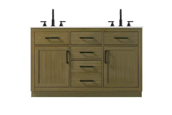 Dimensions
Length: 54"
Width: 22"
Height: 35"
Counter Top Length: 54"
Counter Top Width: 22"
Counter Top Height: 0.75"
Sink Width: 17.25"
Sink Depth: 11.5"
Sink Height: 7"
Sink Drain Hole Size: 1.75"
Faucet Hole Spacing: 8"3 Holes"
Specifications
Assembly Required: No
Base Material: Solid wood and MDF
Counter Top Edge Style: straight
Counter Top Finish: marble white
Distressed Finish: No
Drain Assembly Included: No
Faucet Included: No
Faucet Type: Widespread
Finish (Color): Chestnut Brown
Vanity Material: Solid Wood and MDF
Hardware Finish: black
Harware Material: Aluminum alloy
Number of Faucet Holes: 6
Number of Sinks: 2
Product Shape: Rectangle
Product Type: Bathroom Vanities
Product Warranty: 1 year limited
Sink Mounting Type: Undermount
Vanity Backsplash: NO
Vanity Mounting Type: Free-Standing
281
Wire Included: No
Wood Type: Rubber wood
Shipment type: LTL
US Shipping Cost: $243.00
Drawers
Drawers Included: yes
Number of Drawers: 5
False Drawers: no
Drawer Width: dw1:12.75 dw2:12.75 dw3:12.75 dw4:12.75
Drawer Depth: dw1:15 dw2:4.5 dw3:15 dw4:15
Drawer Height: dw1:6 dw2:6 dw3:6 dw4:13
Drawer Handle Designs: Bar pulls
Shelves
Number of Shelves: 2
Shelf Width: 17.25
Cabinets
Number of Cabinets: 2
Cabinet Interior Width: 17.25
Cabinet Interior Depth: 17
Cabinet Interior Height: 20