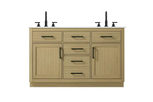 Dimensions
Length: 54"
Width: 22"
Height: 35"
Counter Top Length: 54"
Counter Top Width: 22"
Counter Top Height: 0.75"
Sink Width: 17.25"
Sink Depth: 11.5"
Sink Height: 7"
Sink Drain Hole Size: 1.75"
Faucet Hole Spacing: 8"3 Holes"
Specifications
Assembly Required: No
Base Material: Solid wood and MDF
Counter Top Edge Style: straight
Counter Top Finish: marble white
Distressed Finish: No
Drain Assembly Included: No
Faucet Included: No
Faucet Type: Widespread
Finish (Color): Honey Brown
Vanity Material: Solid Wood and MDF
Hardware Finish: black
Harware Material: Aluminum alloy
Number of Faucet Holes: 6
Number of Sinks: 2
Product Shape: Rectangle
Product Type: Bathroom Vanities
Product Warranty: 1 year limited
Sink Mounting Type: Undermount
Vanity Backsplash: NO
Vanity Mounting Type: Free-Standing
281
Wire Included: No
Wood Type: Rubber wood
Shipment type: LTL
US Shipping Cost: $243.00
Drawers
Drawers Included: yes
Number of Drawers: 5
False Drawers: no
Drawer Width: dw1:12.75 dw2:12.75 dw3:12.75 dw4:12.75
Drawer Depth: dw1:15 dw2:4.5 dw3:15 dw4:15
Drawer Height: dw1:6 dw2:6 dw3:6 dw4:13
Drawer Handle Designs: Bar pulls
Shelves
Number of Shelves: 2
Shelf Width: 17.25
Cabinets
Number of Cabinets: 2
Cabinet Interior Width: 17.25
Cabinet Interior Depth: 17
Cabinet Interior Height: 20