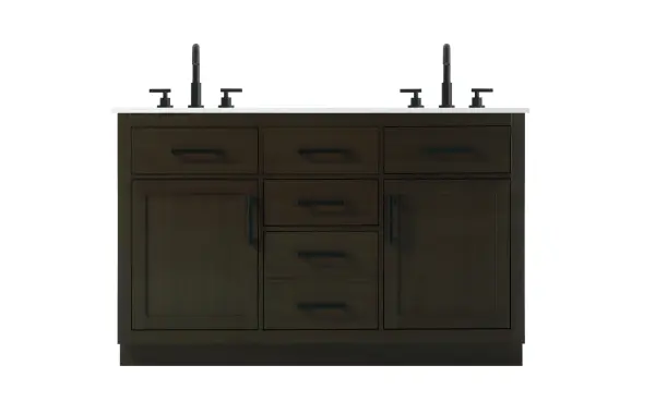 Dimensions
Length: 54"
Width: 22"
Height: 35"
Counter Top Length: 54"
Counter Top Width: 22"
Counter Top Height: 0.75"
Sink Width: 17.25"
Sink Depth: 11.5"
Sink Height: 7"
Sink Drain Hole Size: 1.75"
Faucet Hole Spacing: 8"3 Holes"
Specifications
Assembly Required: No
Base Material: Solid wood and MDF
Counter Top Edge Style: straight
Counter Top Finish: marble white
Distressed Finish: No
Drain Assembly Included: No
Faucet Included: No
Faucet Type: Widespread
Finish (Color): Mocha Brown
Vanity Material: Solid Wood and MDF
Hardware Finish: black
Harware Material: Aluminum alloy
Number of Faucet Holes: 6
Number of Sinks: 2
Product Shape: Rectangle
Product Type: Bathroom Vanities
Product Warranty: 1 year limited
Sink Mounting Type: Undermount
Vanity Backsplash: NO
Vanity Mounting Type: Free-Standing
281
Wire Included: No
Wood Type: Rubber wood
Shipment type: LTL
US Shipping Cost: $243.00
Drawers
Drawers Included: yes
Number of Drawers: 5
False Drawers: no
Drawer Width: dw1:12.75 dw2:12.75 dw3:12.75 dw4:12.75
Drawer Depth: dw1:15 dw2:4.5 dw3:15 dw4:15
Drawer Height: dw1:6 dw2:6 dw3:6 dw4:13
Drawer Handle Designs: Bar pulls
Shelves
Number of Shelves: 2
Shelf Width: 17.25
Cabinets
Number of Cabinets: 2
Cabinet Interior Width: 17.25
Cabinet Interior Depth: 17
Cabinet Interior Height: 20