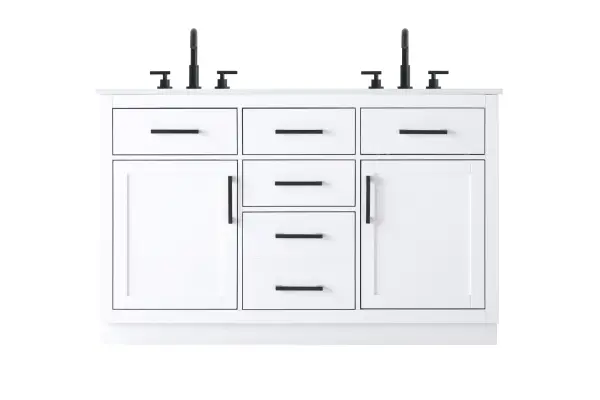 The Alden vanity combines contemporary clean lines with transitional warmth, featuring a sophisticated engineered marble countertop with grey marbling. Fully assembled with soft-close drawers and matte black hardware for modern convenience.
