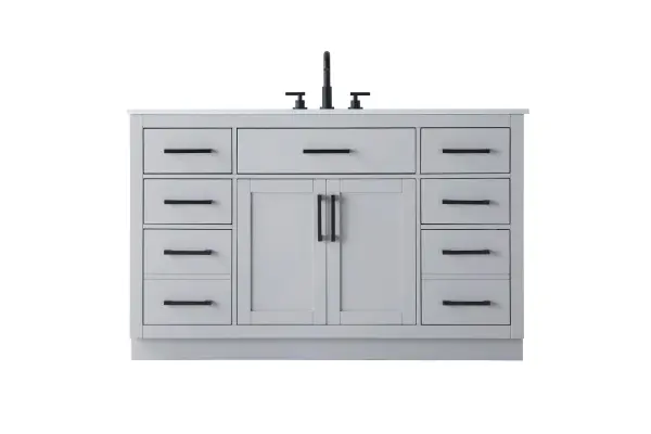 Introduce a perfect balance of functionality and style to your bathroom with this thoughtfully designed vanity. Constructed with a combination of solid wood and MDF, it offers durability and a sturdy build. The sleek engineered marble countertop with subtle grey marbling complements the rustic wood grain finish, creating a stylish and inviting centerpiece for your bathroom. Designed in a contemporary style with a transitional flair, it features a U-shaped shelf for seamless plumbing integration and multiple soft-close drawers for clutter-free organization. A pull-down drawer enhances convenience, while the toe kick adds a refined, clean-lined appearance and simplifies cleaning underneath. Matte black hardware contrasts beautifully with the cabinet finish, tying the look together. Delivered fully assembled and equipped with foot levelers, this vanity combines practicality and aesthetic appeal to suit modern and transitional bathrooms alike. Collection: Alden Rooms: bathroom Finish: Grey Width: 22.00" Height: 35.00" Length: 54.00" Weight: 266.00 lb Material: Solid wood and MDF Country of Origin: Vietnam Manufacturer Warranty: 1 year limited