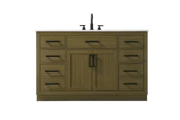 Dimensions
Length: 54"
Width: 22"
Height: 35"
Counter Top Length: 54"
Counter Top Width: 22"
Counter Top Height: 0.75"
Sink Width: 17.25"
Sink Depth: 11.5"
Sink Height: 7"
Sink Drain Hole Size: 1.75"
Faucet Hole Spacing: 8"3 Holes"
Specifications
Assembly Required: No
Base Material: Solid wood and MDF
Counter Top Edge Style: straight
Counter Top Finish: marble white
Distressed Finish: No
Drain Assembly Included: No
Faucet Included: No
Faucet Type: Widespread
Finish (Color): Chestnut Brown
Vanity Material: Solid Wood and MDF
Hardware Finish: black
Harware Material: Aluminum alloy
Number of Faucet Holes: 3
Number of Sinks: 1
Product Shape: Rectangle
Product Type: Bathroom Vanities
Product Warranty: 1 year limited
Sink Mounting Type: Undermount
Vanity Backsplash: NO
Vanity Mounting Type: Free-Standing
285
Wire Included: No
Wood Type: Rubber wood
Shipment type: LTL
US Shipping Cost: $243.00
Drawers
Drawers Included: yes
Number of Drawers: 7
False Drawers: no
Drawer Width: dw1:9.75 dw2:28 dw3:9.75 dw4:9.75
Drawer Depth: dw1:15 dw2:4.5 dw3:15 dw4:15
Drawer Height: dw1:6 dw2:6 dw3:6 dw4:13
Drawer Handle Designs: Bar pulls
Shelves
Number of Shelves: 1
Shelf Width: 28
Cabinets
Number of Cabinets: 1
Cabinet Interior Width: 28
Cabinet Interior Depth: 17
Cabinet Interior Height: 20
