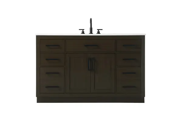 Dimensions
Length: 54"
Width: 22"
Height: 35"
Counter Top Length: 54"
Counter Top Width: 22"
Counter Top Height: 0.75"
Sink Width: 17.25"
Sink Depth: 11.5"
Sink Height: 7"
Sink Drain Hole Size: 1.75"
Faucet Hole Spacing: 8"3 Holes"
Specifications
Assembly Required: No
Base Material: Solid wood and MDF
Counter Top Edge Style: straight
Counter Top Finish: marble white
Distressed Finish: No
Drain Assembly Included: No
Faucet Included: No
Faucet Type: Widespread
Finish (Color): Mocha Brown
Vanity Material: Solid Wood and MDF
Hardware Finish: black
Harware Material: Aluminum alloy
Number of Faucet Holes: 3
Number of Sinks: 1
Product Shape: Rectangle
Product Type: Bathroom Vanities
Product Warranty: 1 year limited
Sink Mounting Type: Undermount
Vanity Backsplash: NO
Vanity Mounting Type: Free-Standing
285
Wire Included: No
Wood Type: Rubber wood
Shipment type: LTL
US Shipping Cost: $243.00
Drawers
Drawers Included: yes
Number of Drawers: 7
False Drawers: no
Drawer Width: dw1:9.75 dw2:28 dw3:9.75 dw4:9.75
Drawer Depth: dw1:15 dw2:4.5 dw3:15 dw4:15
Drawer Height: dw1:6 dw2:6 dw3:6 dw4:13
Drawer Handle Designs: Bar pulls
Shelves
Number of Shelves: 1
Shelf Width: 28
Cabinets
Number of Cabinets: 1
Cabinet Interior Width: 28
Cabinet Interior Depth: 17
Cabinet Interior Height: 20