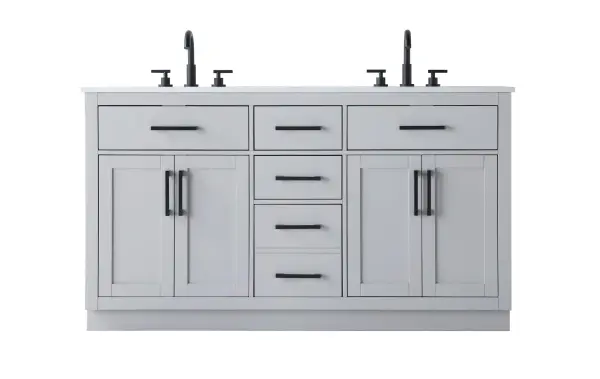 Dimensions
Length: 60"
Width: 22"
Height: 35"
Counter Top Length: 60"
Counter Top Width: 22"
Counter Top Height: 0.75"
Sink Width: 17.25"
Sink Depth: 11.5"
Sink Height: 7"
Sink Drain Hole Size: 1.75"
Faucet Hole Spacing: 8"3 Holes"
Specifications
Assembly Required: No
Base Material: Solid wood and MDF
Counter Top Edge Style: straight
Counter Top Finish: marble white
Distressed Finish: No
Drain Assembly Included: No
Faucet Included: No
Faucet Type: Widespread
Finish (Color): Grey
Vanity Material: Solid Wood and MDF
Hardware Finish: black
Harware Material: Aluminum alloy
Number of Faucet Holes: 6
Number of Sinks: 2
Product Shape: Rectangle
Product Type: Bathroom Vanities
Product Warranty: 1 year limited
Sink Mounting Type: Undermount
Vanity Backsplash: NO
Vanity Mounting Type: Free-Standing
297
Wire Included: No
Wood Type: Rubber wood
Shipment type: LTL
US Shipping Cost: $268.00
Drawers
Drawers Included: yes
Number of Drawers: 5
False Drawers: no
Drawer Width: dw1:21.5 dw2:10.75 dw3:10.75 dw4:10.75
Drawer Depth: dw1:4.5 dw2:15 dw3:15 dw4:15
Drawer Height: dw1:6 dw2:6 dw3:6 dw4:13
Drawer Handle Designs: Bar pulls
Shelves
Number of Shelves: 2
Shelf Width: 21.5
Cabinets
Number of Cabinets: 2
Cabinet Interior Width: 21.5
Cabinet Interior Depth: 17
Cabinet Interior Height: 20