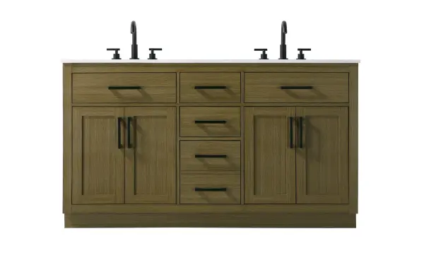 Dimensions
Length: 60"
Width: 22"
Height: 35"
Counter Top Length: 60"
Counter Top Width: 22"
Counter Top Height: 0.75"
Sink Width: 17.25"
Sink Depth: 11.5"
Sink Height: 7"
Sink Drain Hole Size: 1.75"
Faucet Hole Spacing: 8"3 Holes"
Specifications
Assembly Required: No
Base Material: Solid wood and MDF
Counter Top Edge Style: straight
Counter Top Finish: marble white
Distressed Finish: No
Drain Assembly Included: No
Faucet Included: No
Faucet Type: Widespread
Finish (Color): Chestnut Brown
Vanity Material: Solid Wood and MDF
Hardware Finish: black
Harware Material: Aluminum alloy
Number of Faucet Holes: 6
Number of Sinks: 2
Product Shape: Rectangle
Product Type: Bathroom Vanities
Product Warranty: 1 year limited
Sink Mounting Type: Undermount
Vanity Backsplash: NO
Vanity Mounting Type: Free-Standing
297
Wire Included: No
Wood Type: Rubber wood
Shipment type: LTL
US Shipping Cost: $268.00
Drawers
Drawers Included: yes
Number of Drawers: 5
False Drawers: no
Drawer Width: dw1:21.5 dw2:10.75 dw3:10.75 dw4:10.75
Drawer Depth: dw1:4.5 dw2:15 dw3:15 dw4:15
Drawer Height: dw1:6 dw2:6 dw3:6 dw4:13
Drawer Handle Designs: Bar pulls
Shelves
Number of Shelves: 2
Shelf Width: 21.5
Cabinets
Number of Cabinets: 2
Cabinet Interior Width: 21.5
Cabinet Interior Depth: 17
Cabinet Interior Height: 20