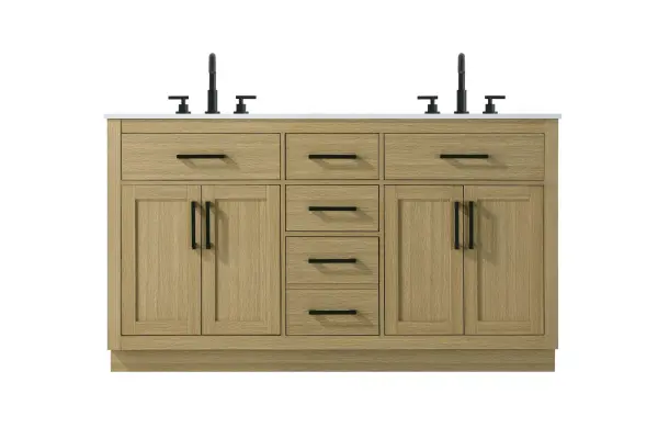 Dimensions
Length: 60"
Width: 22"
Height: 35"
Counter Top Length: 60"
Counter Top Width: 22"
Counter Top Height: 0.75"
Sink Width: 17.25"
Sink Depth: 11.5"
Sink Height: 7"
Sink Drain Hole Size: 1.75"
Faucet Hole Spacing: 8"3 Holes"
Specifications
Assembly Required: No
Base Material: Solid wood and MDF
Counter Top Edge Style: straight
Counter Top Finish: marble white
Distressed Finish: No
Drain Assembly Included: No
Faucet Included: No
Faucet Type: Widespread
Finish (Color): Honey Brown
Vanity Material: Solid Wood and MDF
Hardware Finish: black
Harware Material: Aluminum alloy
Number of Faucet Holes: 6
Number of Sinks: 2
Product Shape: Rectangle
Product Type: Bathroom Vanities
Product Warranty: 1 year limited
Sink Mounting Type: Undermount
Vanity Backsplash: NO
Vanity Mounting Type: Free-Standing
297
Wire Included: No
Wood Type: Rubber wood
Shipment type: LTL
US Shipping Cost: $268.00
Drawers
Drawers Included: yes
Number of Drawers: 5
False Drawers: no
Drawer Width: dw1:21.5 dw2:10.75 dw3:10.75 dw4:10.75
Drawer Depth: dw1:4.5 dw2:15 dw3:15 dw4:15
Drawer Height: dw1:6 dw2:6 dw3:6 dw4:13
Drawer Handle Designs: Bar pulls
Shelves
Number of Shelves: 2
Shelf Width: 21.5
Cabinets
Number of Cabinets: 2
Cabinet Interior Width: 21.5
Cabinet Interior Depth: 17
Cabinet Interior Height: 20