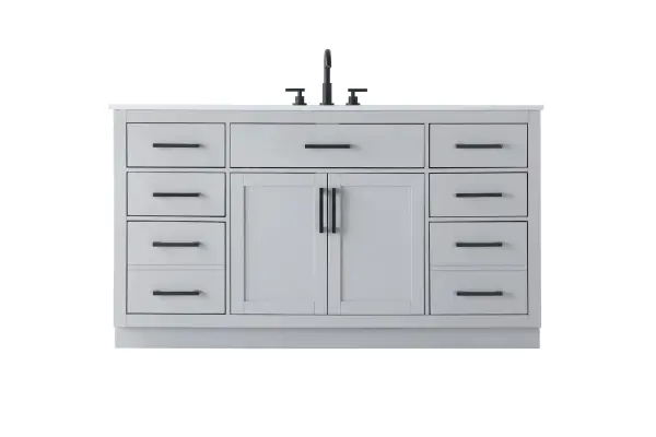 Introduce a perfect balance of functionality and style to your bathroom with this thoughtfully designed vanity. Constructed with a combination of solid wood and MDF, it offers durability and a sturdy build. The sleek engineered marble countertop with subtle grey marbling complements the rustic wood grain finish, creating a stylish and inviting centerpiece for your bathroom. Designed in a contemporary style with a transitional flair, it features a U-shaped shelf for seamless plumbing integration and multiple soft-close drawers for clutter-free organization. A pull-down drawer enhances convenience, while the toe kick adds a refined, clean-lined appearance and simplifies cleaning underneath. Matte black hardware contrasts beautifully with the cabinet finish, tying the look together. Delivered fully assembled and equipped with foot levelers, this vanity combines practicality and aesthetic appeal to suit modern and transitional bathrooms alike. Collection: Alden Rooms: bathroom Finish: Grey Width: 22.00" Height: 35.00" Length: 60.00" Weight: 286.00 lb Material: Solid wood and MDF Country of Origin: Vietnam Manufacturer Warranty: 1 year limited