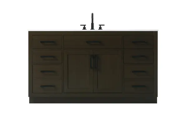 Dimensions
Length: 60"
Width: 22"
Height: 35"
Counter Top Length: 60"
Counter Top Width: 22"
Counter Top Height: 0.75"
Sink Width: 17.25"
Sink Depth: 11.5"
Sink Height: 7"
Sink Drain Hole Size: 1.75"
Faucet Hole Spacing: 8"3 Holes"
Specifications
Assembly Required: No
Base Material: Solid wood and MDF
Counter Top Edge Style: straight
Counter Top Finish: marble white
Distressed Finish: No
Drain Assembly Included: No
Faucet Included: No
Faucet Type: Widespread
Finish (Color): Mocha Brown
Vanity Material: Solid Wood and MDF
Hardware Finish: black
Harware Material: Aluminum alloy
Number of Faucet Holes: 3
Number of Sinks: 1
Product Shape: Rectangle
Product Type: Bathroom Vanities
Product Warranty: 1 year limited
Sink Mounting Type: Undermount
Vanity Backsplash: NO
Vanity Mounting Type: Free-Standing
308
Wire Included: No
Wood Type: Rubber wood
Shipment type: LTL
US Shipping Cost: $268.00
Drawers
Drawers Included: yes
Number of Drawers: 7
False Drawers: no
Drawer Width: dw1:13.25 dw2:26.75 dw3:13.25 dw4:13.25
Drawer Depth: dw1:15 dw2:4.5 dw3:15 dw4:15
Drawer Height: dw1:6 dw2:6 dw3:6 dw4:13
Drawer Handle Designs: Bar pulls
Shelves
Number of Shelves: 1
Shelf Width: 26.5
Cabinets
Number of Cabinets: 1
Cabinet Interior Width: 26.5
Cabinet Interior Depth: 17
Cabinet Interior Height: 20