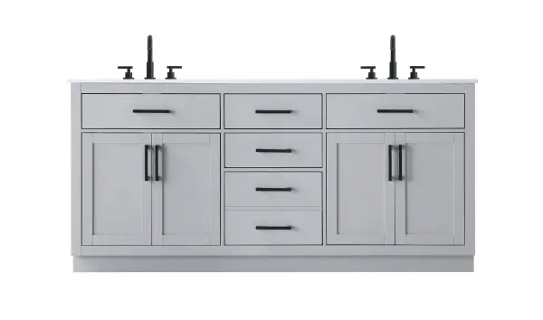 Dimensions
Length: 72"
Width: 22"
Height: 35"
Counter Top Length: 72"
Counter Top Width: 22"
Counter Top Height: 0.75"
Sink Width: 17.25"
Sink Depth: 11.5"
Sink Height: 7"
Sink Drain Hole Size: 1.75"
Faucet Hole Spacing: 8"3 Holes"
Specifications
Assembly Required: No
Base Material: Solid wood and MDF
Counter Top Edge Style: straight
Counter Top Finish: marble white
Distressed Finish: No
Drain Assembly Included: No
Faucet Included: No
Faucet Type: Widespread
Finish (Color): Grey
Vanity Material: Solid Wood and MDF
Hardware Finish: black
Harware Material: Aluminum alloy
Number of Faucet Holes: 6
Number of Sinks: 2
Product Shape: Rectangle
Product Type: Bathroom Vanities
Product Warranty: 1 year limited
Sink Mounting Type: Undermount
Vanity Backsplash: NO
Vanity Mounting Type: Free-Standing
330
Wire Included: No
Wood Type: Rubber wood
Shipment type: LTL
US Shipping Cost: $317.00
Drawers
Drawers Included: yes
Number of Drawers: 5
False Drawers: no
Drawer Width: dw1:26.25 dw2:13 dw3:13 dw4:13
Drawer Depth: dw1:4.5 dw2:15 dw3:15 dw4:15
Drawer Height: dw1:6 dw2:6 dw3:6 dw4:13
Drawer Handle Designs: Bar pulls
Shelves
Number of Shelves: 2
Shelf Width: 26
Cabinets
Number of Cabinets: 2
Cabinet Interior Width: 26
Cabinet Interior Depth: 17
Cabinet Interior Height: 20