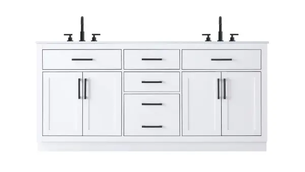 This 72-inch vanity combines transitional style with practical features including engineered marble countertop, soft-close drawers, and matte black hardware. Fully assembled with durable construction for modern bathrooms.