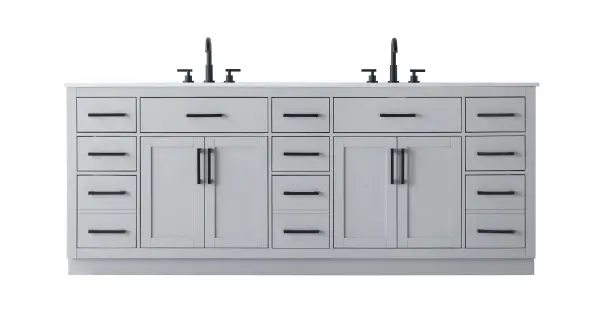 Dimensions
Length: 84"
Width: 22"
Height: 35"
Counter Top Length: 84"
Counter Top Width: 22"
Counter Top Height: 0.75"
Sink Width: 17.25"
Sink Depth: 11.5"
Sink Height: 7"
Sink Drain Hole Size: 1.75"
Faucet Hole Spacing: 8"3 Holes"
Specifications
Assembly Required: No
Base Material: Solid wood and MDF
Counter Top Edge Style: straight
Counter Top Finish: marble white
Distressed Finish: No
Drain Assembly Included: No
Faucet Included: No
Faucet Type: Widespread
Finish (Color): Grey
Vanity Material: Solid Wood and MDF
Hardware Finish: black
Harware Material: Aluminum alloy
Number of Faucet Holes: 6
Number of Sinks: 2
Product Shape: Rectangle
Product Type: Bathroom Vanities
Product Warranty: 1 year limited
Sink Mounting Type: Undermount
Vanity Backsplash: NO
Vanity Mounting Type: Free-Standing
Weight: 398
Wire Included: No
Wood Type: Rubber wood
Shipment type: LTL
US Shipping Cost: $142.00
Drawers
Drawers Included: yes
Number of Drawers: 11
False Drawers: no
Drawer Width: dw1:10.75 dw2:21.75 dw3:10.75 dw4:10.75
Drawer Depth: dw1:15 dw2:4.5 dw3:15 dw4:15
Drawer Height: dw1:6 dw2:6 dw3:6 dw4:13
Drawer Handle Designs: Bar pulls
Shelves
Number of Shelves: 2
Shelf Width: 21.5
Cabinets
Number of Cabinets: 2
Cabinet Interior Width: 21.5
Cabinet Interior Depth: 17
Cabinet Interior Height: 20