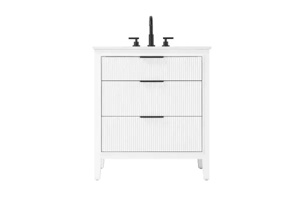Specification Sheet
Dimensions
Length: 30"
Width: 22"
Height: 34"
Counter Top Length: 30"
Counter Top Width: 22"
Counter Top Height: 0.75"
Sink Width: 17.125"
Sink Depth: 11.625"
Sink Height: 7"
Sink Drain Hole Size: 1.75"
Faucet Hole Spacing: 8"3 Holes"
Specifications
Assembly Required: NO
Base Material: Solid wood and MDF
Counter Top Edge Style: straight
Counter Top Finish: Marble White
Distressed Finish: NO
Drain Assembly Included: NO
Faucet Included: NO
Faucet Type: Widespread
Finish (Color): White
Vanity Material: Solid Wood and MDF
Hardware Finish: black
Harware Material: Aluminum alloy
Number of Faucet Holes: 3
Number of Sinks: 1
Product Shape: Rectangle
Product Type: Bathroom Vanities
Product Warranty: 1 year limited
Sink Mounting Type: Undermount
Vanity Backsplash: NO
Vanity Mounting Type: Free-Standing
Weight: 117
Wire Included: No
Wood Type: Rubberwood
Shipment type: Oversize ground
Drawers
Drawers Included: yes
Number of Drawers: 3
False Drawers: NO
Drawer Width: dw1: 25.5
dw2: 25.5
dw3: 25.5
Drawer Depth: dw1: 3.625
dw2: 15.125
dw3: 15.125
Drawer Height: dw1: 6.125
dw2: 9
dw3: 9
Drawer Handle Designs: Finger pulls