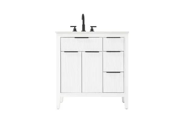 Specification Sheet
Dimensions
Length: 32"
Width: 22"
Height: 34"
Counter Top Length: 32"
Counter Top Width: 22"
Counter Top Height: 0.75"
Sink Width: 17.125"
Sink Depth: 11.625"
Sink Height: 7"
Sink Drain Hole Size: 1.75"
Faucet Hole Spacing: 8"3 Holes"
Specifications
Assembly Required: NO
Base Material: Solid wood and MDF
Counter Top Edge Style: straight
Counter Top Finish: Marble White
Distressed Finish: NO
Drain Assembly Included: NO
Faucet Included: NO
Faucet Type: Widespread
Finish (Color): White
Vanity Material: Solid Wood and MDF
Hardware Finish: black
Harware Material: Aluminum alloy
Number of Faucet Holes: 3
Number of Sinks: 1
Product Shape: Rectangle
Product Type: Bathroom Vanities
Product Warranty: 1 year limited
Sink Mounting Type: Undermount
Vanity Backsplash: NO
Vanity Mounting Type: Free-Standing
Weight: 130
Wire Included: No
Wood Type: Rubberwood
Shipment type: LTL
Drawers
Drawers Included: yes
Number of Drawers: 4
False Drawers: NO
Drawer Width: dw1: 18.25
dw2: 9.125
dw3: 9.125
Drawer Depth: dw1: 3.625
dw2:15.125
dw3:15.125
Drawer Height: dw1: 6.125
dw2: 6.125
dw3: 9
Drawer Handle Designs: Finger pulls
Shelves
Number of Shelves: 1
Shelf Width: 18.25
Cabinets
Number of Cabinets: 1
Cabinet Interior Width: 18.25
Cabinet Interior Depth: 16.875
Cabinet Interior Height: 18.125