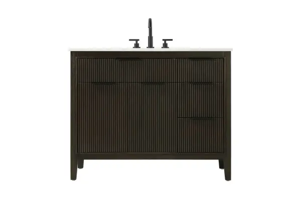 Specification Sheet
Dimensions
Length: 42"
Width: 22"
Height: 34"
Counter Top Length: 42"
Counter Top Width: 22"
Counter Top Height: 0.75"
Sink Width: 17.125"
Sink Depth: 11.625"
Sink Height: 7"
Sink Drain Hole Size: 1.75"
Faucet Hole Spacing: 8"3 Holes"
Specifications
Assembly Required: NO
Base Material: Solid wood and MDF
Counter Top Edge Style: straight
Counter Top Finish: Marble White
Distressed Finish: NO
Drain Assembly Included: NO
Faucet Included: NO
Faucet Type: Widespread
Finish (Color): Chocolate Oak
Vanity Material: Solid Wood and MDF
Hardware Finish: black
Harware Material: Aluminum alloy
Number of Faucet Holes: 3
Number of Sinks: 1
Product Shape: Rectangle
Product Type: Bathroom Vanities
Product Warranty: 1 year limited
Sink Mounting Type: Undermount
Vanity Backsplash: NO
Vanity Mounting Type: Free-Standing
Weight: 165
Wire Included: No
Wood Type: Rubberwood
Shipment type: LTL
Drawers
Drawers Included: yes
Number of Drawers: 4
False Drawers: NO
Drawer Width: dw1: 25.5
dw2:11.625
dw3: 11.625
Drawer Depth: dw1: 3.625
dw2: 15.125
dw3: 15.125
Drawer Height: dw1: 6.125
dw2: 6.125
dw3: 9
Drawer Handle Designs: Finger pulls
Shelves
Number of Shelves: 1
Shelf Width: 25.25
Cabinets
Number of Cabinets: 1
Cabinet Interior Width: 25.25
Cabinet Interior Depth: 16.875
Cabinet Interior Height: 18.125