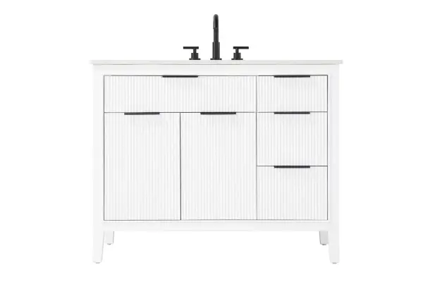 Specification Sheet
Dimensions
Length: 42"
Width: 22"
Height: 34"
Counter Top Length: 42"
Counter Top Width: 22"
Counter Top Height: 0.75"
Sink Width: 17.125"
Sink Depth: 11.625"
Sink Height: 7"
Sink Drain Hole Size: 1.75"
Faucet Hole Spacing: 8"3 Holes"
Specifications
Assembly Required: NO
Base Material: Solid wood and MDF
Counter Top Edge Style: straight
Counter Top Finish: Marble White
Distressed Finish: NO
Drain Assembly Included: NO
Faucet Included: NO
Faucet Type: Widespread
Finish (Color): White
Vanity Material: Solid Wood and MDF
Hardware Finish: black
Harware Material: Aluminum alloy
Number of Faucet Holes: 3
Number of Sinks: 1
Product Shape: Rectangle
Product Type: Bathroom Vanities
Product Warranty: 1 year limited
Sink Mounting Type: Undermount
Vanity Backsplash: NO
Vanity Mounting Type: Free-Standing
Weight: 165
Wire Included: No
Wood Type: Rubberwood
Shipment type: LTL
Drawers
Drawers Included: yes
Number of Drawers: 4
False Drawers: NO
Drawer Width: dw1: 25.5
dw2:11.625
dw3: 11.625
Drawer Depth: dw1: 3.625
dw2: 15.125
dw3: 15.125
Drawer Height: dw1: 6.125
dw2: 6.125
dw3: 9
Drawer Handle Designs: Finger pulls
Shelves
Number of Shelves: 1
Shelf Width: 25.25
Cabinets
Number of Cabinets: 1
Cabinet Interior Width: 25.25
Cabinet Interior Depth: 16.875
Cabinet Interior Height: 18.125