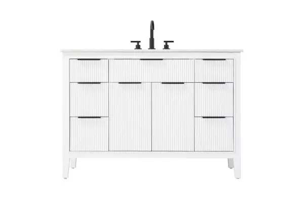 Specification Sheet
Dimensions
Length: 48"
Width: 22"
Height: 34"
Counter Top Length: 48"
Counter Top Width: 22"
Counter Top Height: 0.75"
Sink Width: 17.125"
Sink Depth: 11.625"
Sink Height: 7"
Sink Drain Hole Size: 1.75"
Faucet Hole Spacing: 8"3 Holes"
Specifications
Assembly Required: NO
Base Material: Solid wood and MDF
Counter Top Edge Style: straight
Counter Top Finish: Marble White
Distressed Finish: NO
Drain Assembly Included: NO
Faucet Included: NO
Faucet Type: Widespread
Finish (Color): White
Vanity Material: Solid Wood and MDF
Hardware Finish: black
Harware Material: Aluminum alloy
Number of Faucet Holes: 3
Number of Sinks: 1
Product Shape: Rectangle
Product Type: Bathroom Vanities
Product Warranty: 1 year limited
Sink Mounting Type: Undermount
Vanity Backsplash: NO
Vanity Mounting Type: Free-Standing
Weight: 202
Wire Included: No
Wood Type: Rubberwood
Shipment type: LTL
Drawers
Drawers Included: yes
Number of Drawers: 7
False Drawers: NO
Drawer Width: dw1: 22.5
dw2: 10.125
dw3: 10.125
Drawer Depth: dw1: 3.625
dw2: 15.125
dw3: 15.125
Drawer Height: dw1: 6.125
dw2: 6.125
dw3: 9
Drawer Handle Designs: Finger pulls
Shelves
Number of Shelves: 1
Shelf Width: 22.5
Cabinets
Number of Cabinets: 1
Cabinet Interior Width: 22.5
Cabinet Interior Depth: 16.875
Cabinet Interior Height: 18.125