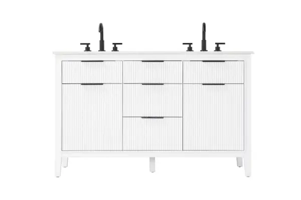 Specification Sheet
Dimensions
Length: 54"
Width: 22"
Height: 34"
Counter Top Length: 54"
Counter Top Width: 22"
Counter Top Height: 0.75"
Sink Width: 17.125"
Sink Depth: 11.625"
Sink Height: 7"
Sink Drain Hole Size: 1.75"
Faucet Hole Spacing: 8"3 Holes"
Specifications
Assembly Required: NO
Base Material: Solid wood and MDF
Counter Top Edge Style: straight
Counter Top Finish: Marble White
Distressed Finish: NO
Drain Assembly Included: NO
Faucet Included: NO
Faucet Type: Widespread
Finish (Color): White
Vanity Material: Solid Wood and MDF
Hardware Finish: black
Harware Material: Aluminum alloy
Number of Faucet Holes: 6
Number of Sinks: 2
Product Shape: Rectangle
Product Type: Bathroom Vanities
Product Warranty: 1 year limited
Sink Mounting Type: Undermount
Vanity Backsplash: NO
Vanity Mounting Type: Free-Standing
Weight: 202
Wire Included: No
Wood Type: Rubberwood
Shipment type: LTL
Drawers
Drawers Included: yes
Number of Drawers: 5
False Drawers: NO
Drawer Width: dw1: 16.25
dw2: 16.25
dw3: 16.25
Drawer Depth: dw1: 3.625
dw2: 15.125
dw3: 15.125
Drawer Height: dw1: 6.125
dw2: 6.125
dw3: 9
Drawer Handle Designs: Finger pulls
Shelves
Number of Shelves: 2
Shelf Width: 16.25
Cabinets
Number of Cabinets: 2
Cabinet Interior Width: 16.25
Cabinet Interior Depth: 16.875
Cabinet Interior Height: 18.125