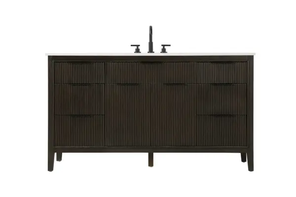 Specification Sheet
Dimensions
Length: 60"
Width: 22"
Height: 34"
Counter Top Length: 60"
Counter Top Width: 22"
Counter Top Height: 0.75"
Sink Width: 17.125"
Sink Depth: 11.625"
Sink Height: 7"
Sink Drain Hole Size: 1.75"
Faucet Hole Spacing: 8"3 Holes"
Specifications
Assembly Required: NO
Base Material: Solid wood and MDF
Counter Top Edge Style: straight
Counter Top Finish: Marble White
Distressed Finish: NO
Drain Assembly Included: NO
Faucet Included: NO
Faucet Type: Widespread
Finish (Color): Chocolate Oak
Vanity Material: Solid Wood and MDF
Hardware Finish: black
Harware Material: Aluminum alloy
Number of Faucet Holes: 3
Number of Sinks: 1
Product Shape: Rectangle
Product Type: Bathroom Vanities
Product Warranty: 1 year limited
Sink Mounting Type: Undermount
Vanity Backsplash: NO
Vanity Mounting Type: Free-Standing
Weight: 240
Wire Included: No
Wood Type: Rubberwood
Shipment type: LTL
Drawers
Drawers Included: yes
Number of Drawers: 7
False Drawers: NO
Drawer Width: dw1: 26.5
dw2: 14.25
dw3: 14.25
Drawer Depth: dw1: 3.625
dw2: 15.125
dw3: 15.125
Drawer Height: dw1: 6.125
dw2: 6.125
dw3: 9
Drawer Handle Designs: Finger pulls
Shelves
Number of Shelves: 1
Shelf Width: 26.5
Cabinets
Number of Cabinets: 1
Cabinet Interior Width: 26.5
Cabinet Interior Depth: 16.875
Cabinet Interior Height: 18.125