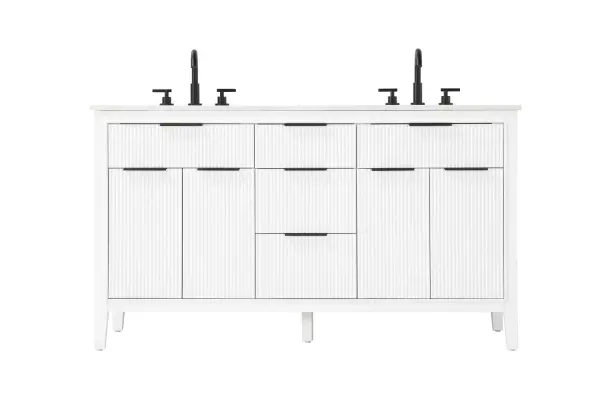 Specification Sheet
Dimensions
Length: 60"
Width: 22"
Height: 34"
Counter Top Length: 60"
Counter Top Width: 22"
Counter Top Height: 0.75"
Sink Width: 17.125"
Sink Depth: 11.625"
Sink Height: 7"
Sink Drain Hole Size: 1.75"
Faucet Hole Spacing: 8"3 Holes"
Specifications
Assembly Required: NO
Base Material: Solid wood and MDF
Counter Top Edge Style: straight
Counter Top Finish: Marble White
Distressed Finish: NO
Drain Assembly Included: NO
Faucet Included: NO
Faucet Type: Widespread
Finish (Color): White
Vanity Material: Solid Wood and MDF
Hardware Finish: black
Harware Material: Aluminum alloy
Number of Faucet Holes: 6
Number of Sinks: 2
Product Shape: Rectangle
Product Type: Bathroom Vanities
Product Warranty: 1 year limited
Sink Mounting Type: Undermount
Vanity Backsplash: NO
Vanity Mounting Type: Free-Standing
Weight: 220
Wire Included: No
Wood Type: Rubberwood
Shipment type: LTL
Drawers
Drawers Included: yes
Number of Drawers: 5
False Drawers: NO
Drawer Width: dw1: 20.375
dw2: 14.25
dw3: 14.25
Drawer Depth: dw1: 3.625
dw2: 15.125
dw3: 15.125
Drawer Height: dw1: 6.125
dw2: 6.125
dw3: 9
Drawer Handle Designs: Finger pulls
Shelves
Number of Shelves: 2
Shelf Width: 20.25
Cabinets
Number of Cabinets: 2
Cabinet Interior Width: 20.25
Cabinet Interior Depth: 16.875
Cabinet Interior Height: 18.125