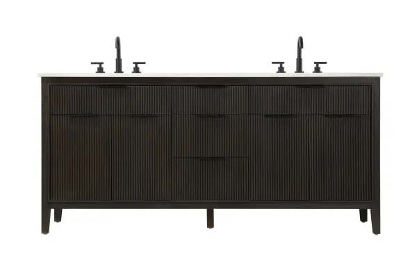 Specification Sheet
Dimensions
Length: 72"
Width: 22"
Height: 34"
Counter Top Length: 72"
Counter Top Width: 22"
Counter Top Height: 0.75"
Sink Width: 17.125"
Sink Depth: 11.625"
Sink Height: 7"
Sink Drain Hole Size: 1.75"
Faucet Hole Spacing: 8"3 Holes"
Specifications
Assembly Required: NO
Base Material: Solid wood and MDF
Counter Top Edge Style: straight
Counter Top Finish: Marble White
Distressed Finish: NO
Drain Assembly Included: NO
Faucet Included: NO
Faucet Type: Widespread
Finish (Color): Chocolate Oak
Vanity Material: Solid Wood and MDF
Hardware Finish: black
Harware Material: Aluminum alloy
Number of Faucet Holes: 6
Number of Sinks: 2
Product Shape: Rectangle
Product Type: Bathroom Vanities
Product Warranty: 1 year limited
Sink Mounting Type: Undermount
Vanity Backsplash: NO
Vanity Mounting Type: Free-Standing
Weight: 264
Wire Included: No
Wood Type: Rubberwood
Shipment type: LTL
Drawers
Drawers Included: yes
Number of Drawers: 5
False Drawers: NO
Drawer Width: dw1: 25.5
dw2: 16.25
dw3: 16.25
Drawer Depth: dw1: 3.625
dw2: 15.125
dw3: 15.125
Drawer Height: dw1: 6.125
dw2: 6.125
dw3: 9
Drawer Handle Designs: Finger pulls
Shelves
Number of Shelves: 2
Shelf Width: 25.25
Cabinets
Number of Cabinets: 2
Cabinet Interior Width: 25.25
Cabinet Interior Depth: 16.875
Cabinet Interior Height: 18.125