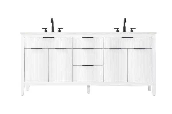 Specification Sheet
Dimensions
Length: 72"
Width: 22"
Height: 34"
Counter Top Length: 72"
Counter Top Width: 22"
Counter Top Height: 0.75"
Sink Width: 17.125"
Sink Depth: 11.625"
Sink Height: 7"
Sink Drain Hole Size: 1.75"
Faucet Hole Spacing: 8"3 Holes"
Specifications
Assembly Required: NO
Base Material: Solid wood and MDF
Counter Top Edge Style: straight
Counter Top Finish: Marble White
Distressed Finish: NO
Drain Assembly Included: NO
Faucet Included: NO
Faucet Type: Widespread
Finish (Color): White
Vanity Material: Solid Wood and MDF
Hardware Finish: black
Harware Material: Aluminum alloy
Number of Faucet Holes: 6
Number of Sinks: 2
Product Shape: Rectangle
Product Type: Bathroom Vanities
Product Warranty: 1 year limited
Sink Mounting Type: Undermount
Vanity Backsplash: NO
Vanity Mounting Type: Free-Standing
Weight: 264
Wire Included: No
Wood Type: Rubberwood
Shipment type: LTL
Drawers
Drawers Included: yes
Number of Drawers: 5
False Drawers: NO
Drawer Width: dw1: 25.5
dw2: 16.25
dw3: 16.25
Drawer Depth: dw1: 3.625
dw2: 15.125
dw3: 15.125
Drawer Height: dw1: 6.125
dw2: 6.125
dw3: 9
Drawer Handle Designs: Finger pulls
Shelves
Number of Shelves: 2
Shelf Width: 25.25
Cabinets
Number of Cabinets: 2
Cabinet Interior Width: 25.25
Cabinet Interior Depth: 16.875
Cabinet Interior Height: 18.125
